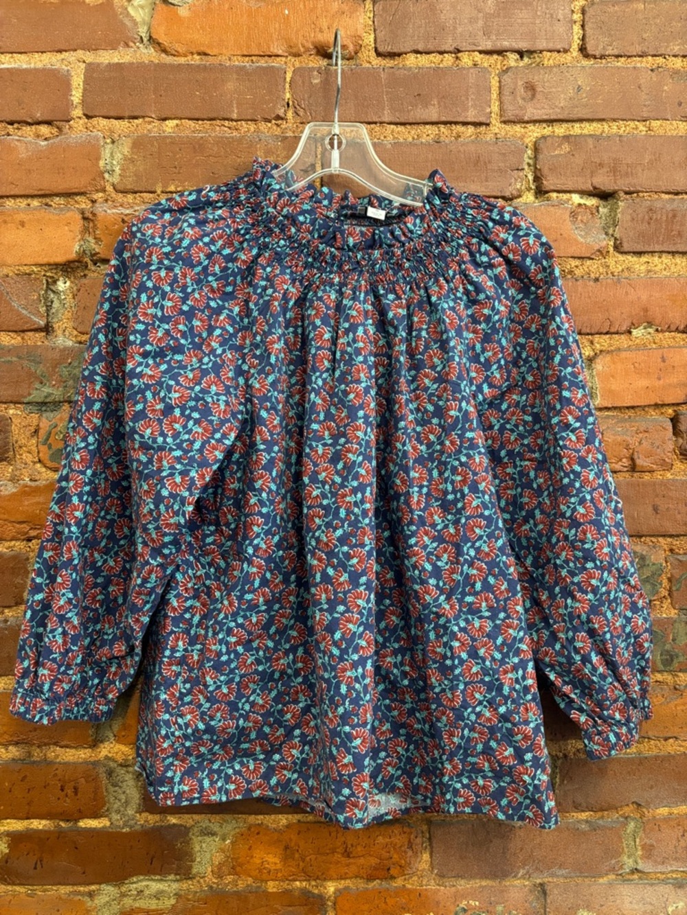 J Crew Smocked Neck Floral Peasant Blouse - Navy with Red & Teal Flowers Sz S - Picture 1 of 5